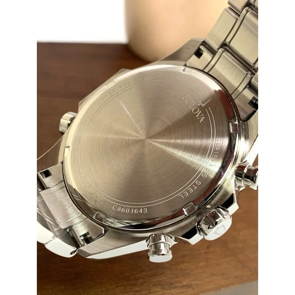 Bulova Men's Watch 96B395 Marine Star Orange Dial Chronograph Silver Steel 43mm